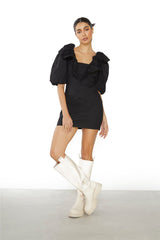 Black Ruffle Puff Shoulder Mini Dress