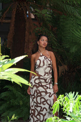 Natural-Brown-Swirl Split-Leg Maxi-Dress