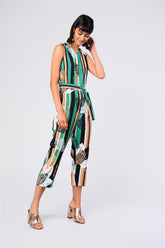 Green-Stripe Leaf Belted Jumpsuit
