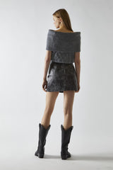 Black-Marble PU Split Mini Skirt