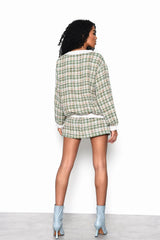 Green-Tweed-White Button-Front Long Sleeve-Jacket