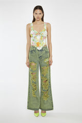 Blurred-Flower Mesh O-Ring Corset-Top