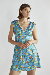 Blue Lemon-Print V-Neck Mini-Dress