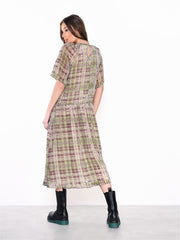 Green Devore Check High Neck Short Sleeve Midi Dress