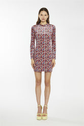 Multi-Ditsy-Velvet Long-Sleeve-Peplum Mini-Dress