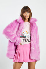 Hot Pink Faux Fur Coat with Lapel Collar