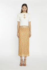 Orange Olive Paisley Mesh Low-Rise Midi-Skirt