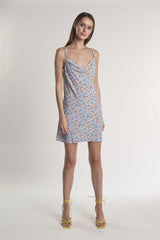 Blue-Red-Ditsy Cowl-Neck Mini-Dress