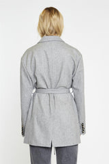 Grey Belted-Button-Front Oversized-Coat