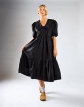 Black V-Neck Ruffle Collar Midi Dress