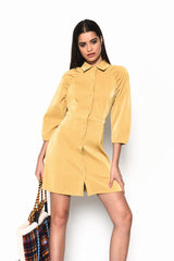 Ochre-PU Collared Mini Shirt-Dress
