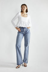 White Square-Neck Puff-Peplum Top