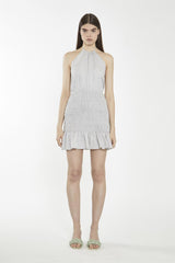 Light-Grey Halter-Neck Shirred Mini-Dress