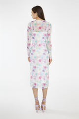 Watercolour-Floral Mesh Long Sleeve Midi-Dress