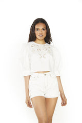 Off White Stone Lace Detailed Crop-Top