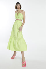 Fresh-Green Yoke-Waist Midi-Skirt