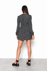 Black-White-Flower V-Neck Skater Mini-Dress