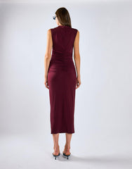 Burgundy Sleeveless High-Neck Ruched Midi Bodycon Dress