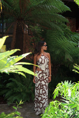 Natural-Brown-Swirl Split-Leg Maxi-Dress