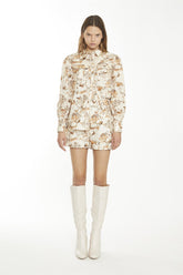 Tan-Multi-Blossom Belted High-Waisted-Shorts