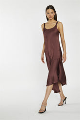 Reddish-Brown Satin Bias-Cut Asymmetric-Dress