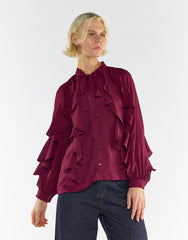 Collection Ruffled Bow Blouse in Burgundy