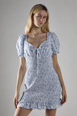 Blue Ditsy Shirred Bodycon Mini-Dress