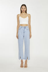 Bleach-Stonewash Front-Slit High-Waisted-Jeans