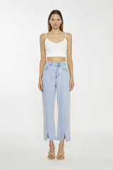 Bleach-Stonewash Front-Slit High-Waisted-Jeans