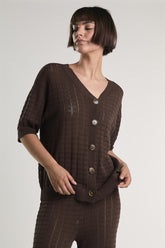 Brown V-Neck Button Knit Shirt