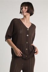 Brown V-Neck Button Knit Shirt