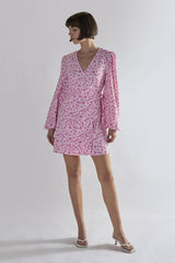 Pink-Fuschia-Ditsy Wrap Mini-Dress