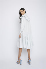 Pale Blue Broderie Ruffle Detail Midi Dresses