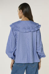 Pale Blue Check Statement Collar Blouse