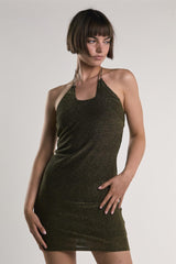 Black-Silver-Glitter Chain-Halter-Neck Dress-Mini