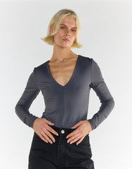 Dark Grey V Neck Bodysuit