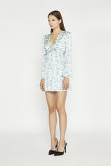 White-Mint Paisley Satin Gathered Keyhole Mini-Dress