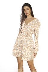 Orange Sketchy Flower Tie Waist Long Sleeve Mini Dress