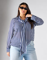 Navy Cream Stripe Bow-Collar Blouse