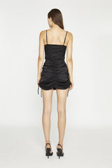 Black-Sateen Adjustable-Spaghetti-Straps Mini-Dresses