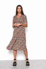 Bold-Multi-Floral V-Neck Midi-Dress