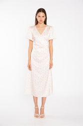 Peach-Pink Daisy Wrap Midi-Dress