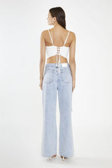 Off White Lace-Up Back Crop-Top