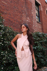 Nude-Peach Cross-Halter-Neck Crop-Top