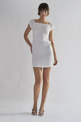 White-Textured Shirred Mini-Dress