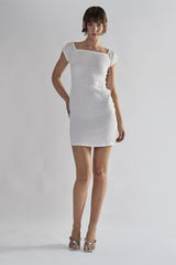 White-Textured Shirred Mini-Dress