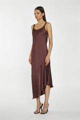 Reddish-Brown Satin Bias-Cut Asymmetric-Dress