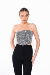 Black-White Sequin Strapless Corset-Top