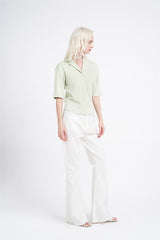 Pistachio-Multi-Check Collared-V-Neck Short-Sleeve-Top