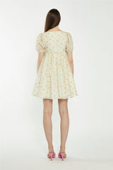 Yellow-Pink-Fruit-Organza Babydoll Mini Dress